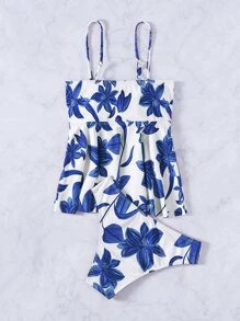 SHEIN Swim Tankini de playa de verano con estampado floral y nudo delantero