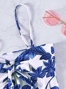 SHEIN Swim Tankini de playa de verano con estampado floral y nudo delantero
