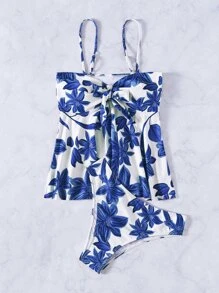 SHEIN Swim Tankini de playa de verano con estampado floral y nudo delantero