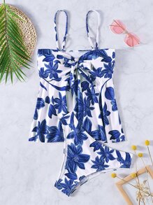 SHEIN Swim Tankini de playa de verano con estampado floral y nudo delantero