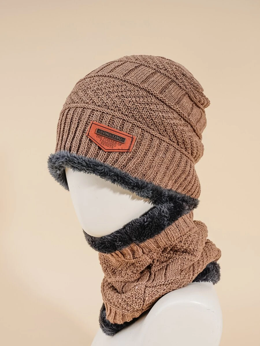 1 套男士保暖针织冬帽和围巾，厚保暖内衬，适合户外和滑雪 - 卡其色 - 查看 1