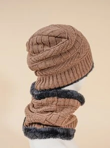 1 套男士保暖针织冬帽和围巾，厚保暖内衬，适合户外和滑雪 - 卡其色 - 查看 2