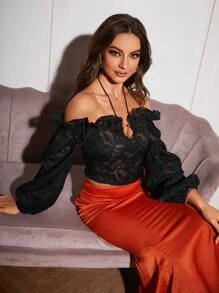 SHEIN Allurite 素色荷葉邊後綁帶短款襯衫 - 黑色 - 查看 3