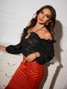 SHEIN Allurite 素色荷葉邊後綁帶短款襯衫 - 黑色 - 查看 4