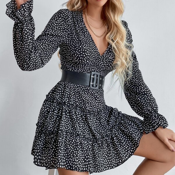 

Dalmatian Print Flounce Sleeve Frill Trim A-Line Dress Without Belt, Black and white