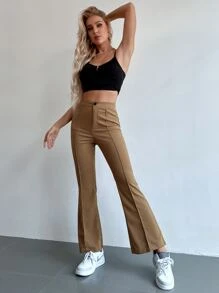 Chiquease Quần ống loe cạp cao có đường may phía trước - màu nâu - Xem 3