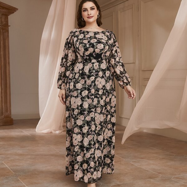 

Plus Allover Floral Print Lantern Sleeve Dress, Multicolor