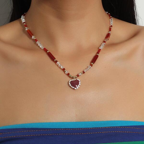 

16K Gold Plated Heart Pendant Beaded Necklace, Multicolor