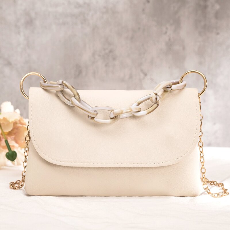 

Chain Decor Flap Square Bag, Beige