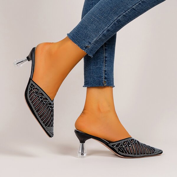 

Rhinestone Decor Mesh Heeled Mules, Black