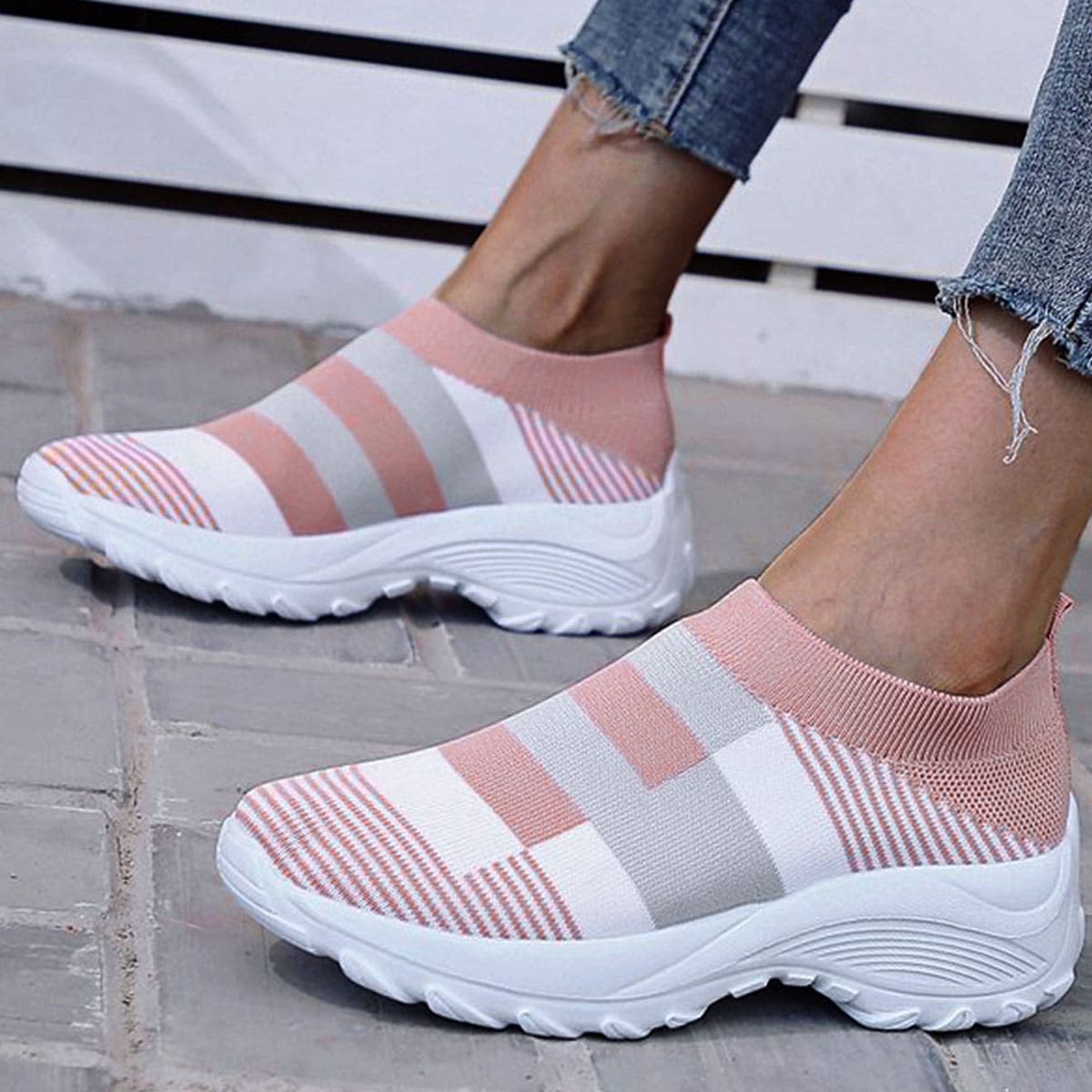 

Patchwork Knit Slip On Sneakers, Pink