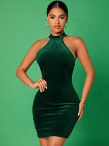 SHEIN SXY 後鎖孔絲絨吊脖緊身連衣裙 - 墨綠色 - 查看 1