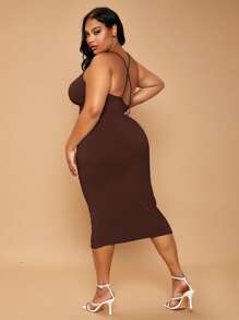SHEIN SXY Plus Criss Cross Back Bodycon Dress - Chocolate Brown - View 2