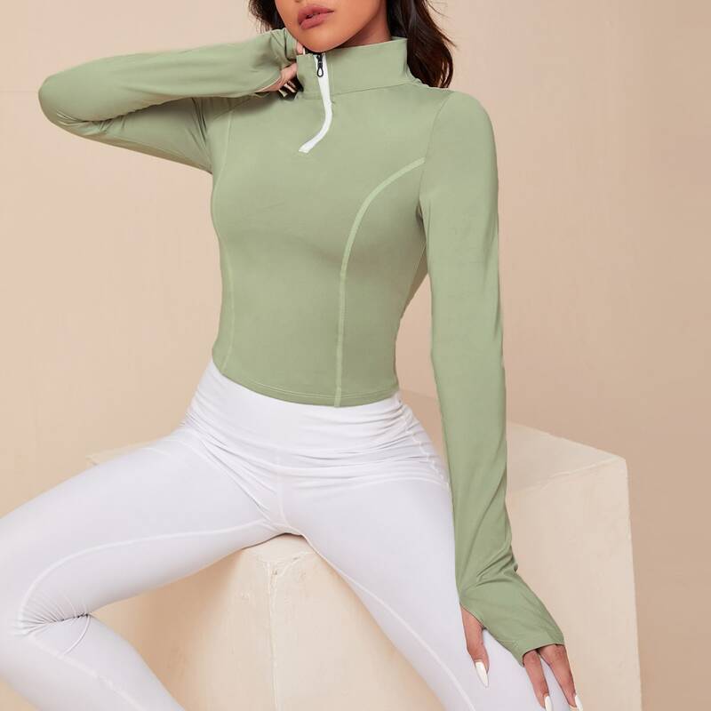 

Half Zip Topstitching Sports Sweatshirt With Thumb Holes, Green