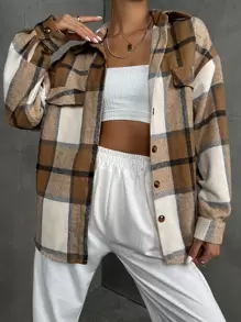 SHEIN Unity 格紋印花翻蓋細節落肩袖外套