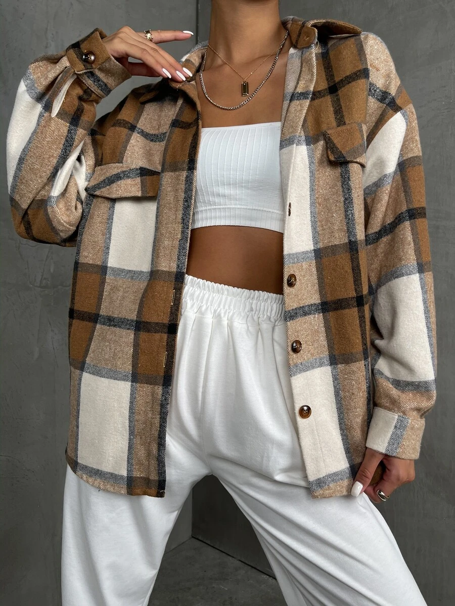 SHEIN Unity 格紋印花翻蓋細節落肩袖外套