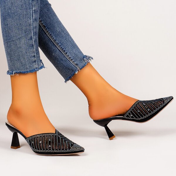 

Rhinestone Decor Mesh Heeled Mules, Black
