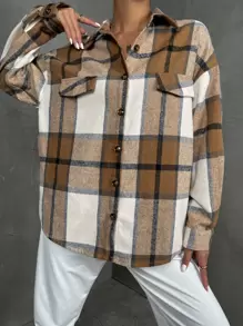 SHEIN Unity 格紋印花翻蓋細節落肩袖外套