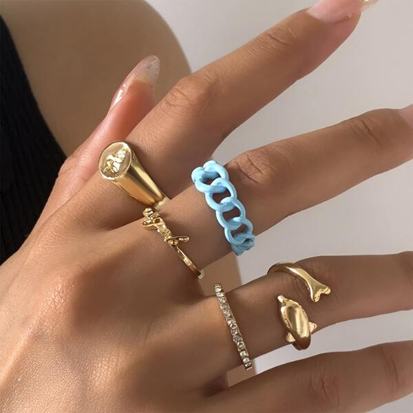 

5pcs Rhinestone Decor Ring, Gold