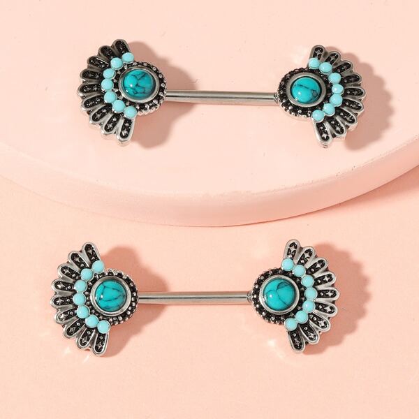 

2pcs Stone Decor Nipple Ring, Blue