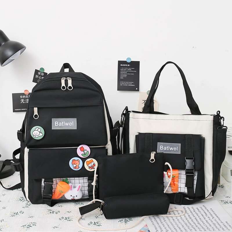 

4pcs Cartoon Charm Backpack Set, Black