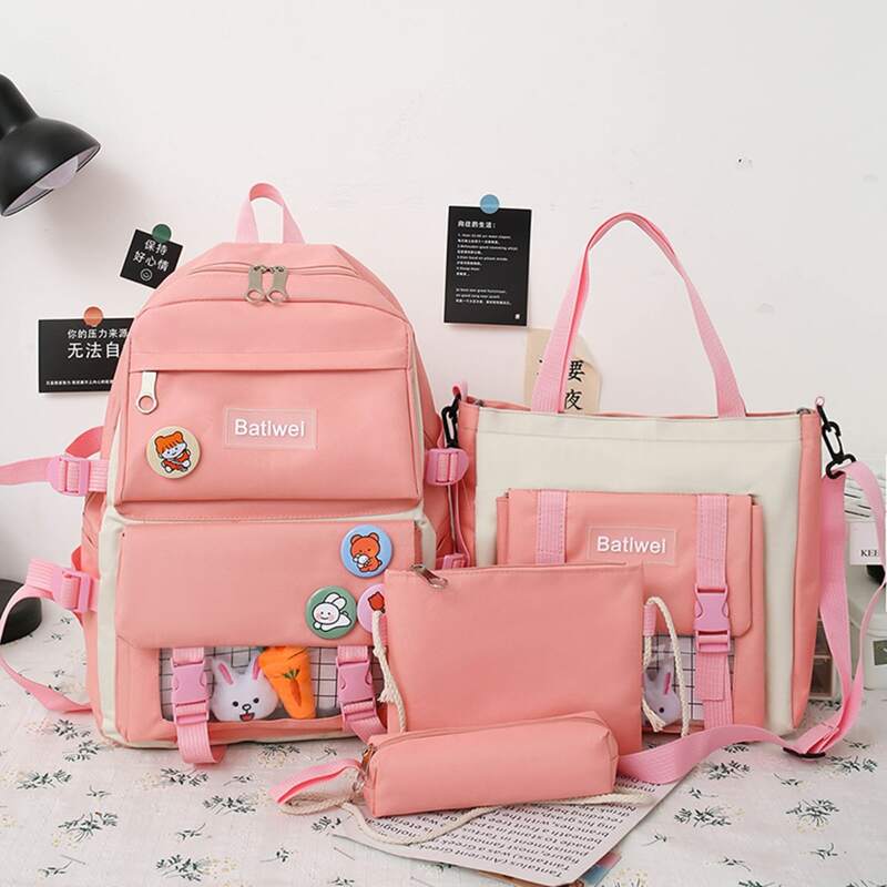 

4pcs Cartoon Charm Backpack Set, Pink