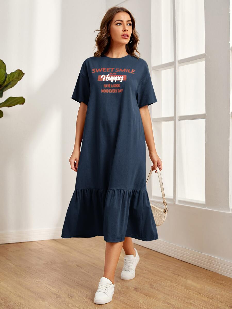 Mulvari Drop Shoulder Slogan Graphic Smock Dress - Navy Blue - View 1