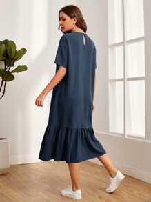 Mulvari Drop Shoulder Slogan Graphic Smock Dress - Navy Blue - View 2