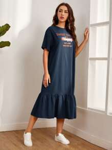 Mulvari Drop Shoulder Slogan Graphic Smock Dress - Navy Blue - View 3