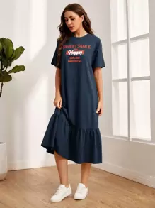 Mulvari Drop Shoulder Slogan Graphic Smock Dress - Navy Blue - View 4