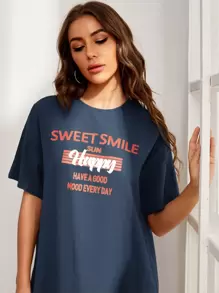 Mulvari Drop Shoulder Slogan Graphic Smock Dress - Navy Blue - View 5