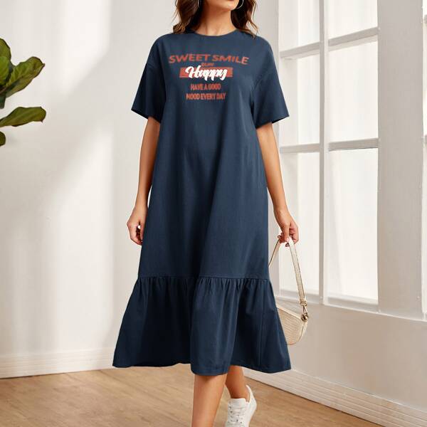 

Drop Shoulder Slogan Graphic Smock Dress, Navy blue