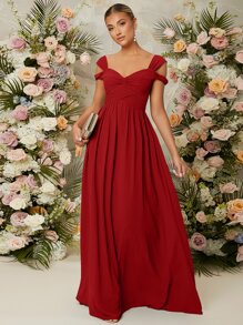 SHEIN Belle Cold Shoulder Wrap Cross Zip Back Dress, Bridesmaid Dress - Red - View 1