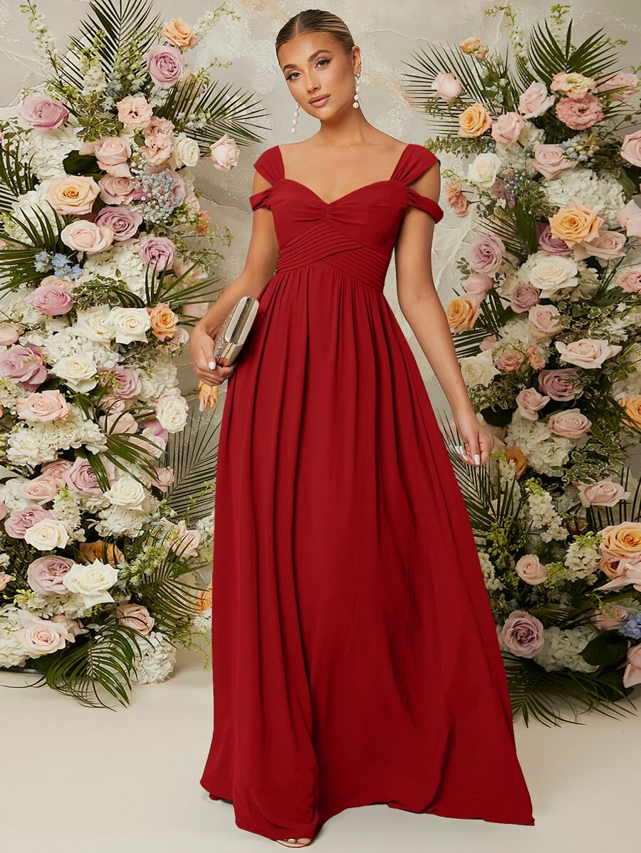 SHEIN Belle Cold Shoulder Wrap Cross Zip Back Dress, Bridesmaid Dress - Red - View 1