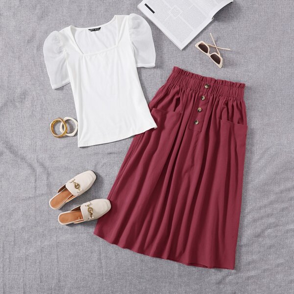 

Square Neck Puff Sleeve Top and Paperbag Waist Skirt Set, Red and white