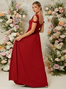 SHEIN Belle Cold Shoulder Wrap Cross Zip Back Dress, Bridesmaid Dress - Red - View 2