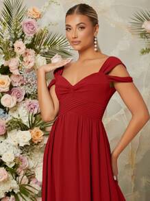 SHEIN Belle Cold Shoulder Wrap Cross Zip Back Dress, Bridesmaid Dress - Red - View 3