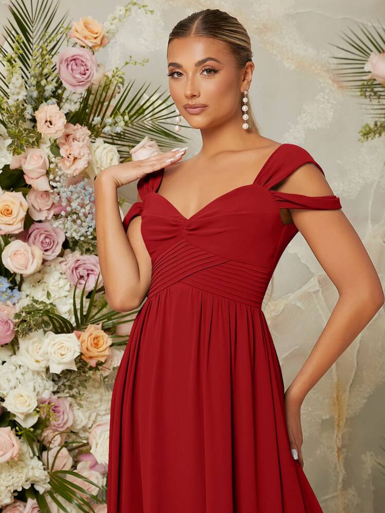 SHEIN Belle 露肩裹肩交叉拉链后背连衣裙，伴娘服 - 紅色 - 查看 3