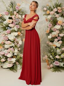 SHEIN Belle Cold Shoulder Wrap Cross Zip Back Dress, Bridesmaid Dress - Red - View 4