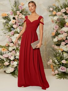 SHEIN Belle Cold Shoulder Wrap Cross Zip Back Dress, Bridesmaid Dress - Red - View 5