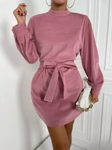 SHEIN Privé 小高領後鎖孔繫腰帶連衣裙 - 藕粉色 - 查看 3