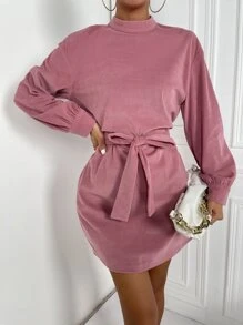 SHEIN Privé 小高領後鎖孔繫腰帶連衣裙 - 藕粉色 - 查看 4