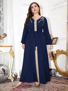 Al Najma Plus V-neck Embroidered Trim Self Belted Dress - Navy Blue - View 1