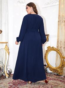 Al Najma Plus V-neck Embroidered Trim Self Belted Dress - Navy Blue - View 2