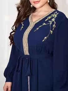 Al Najma Plus V-neck Embroidered Trim Self Belted Dress - Navy Blue - View 3