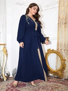 Al Najma Plus V-neck Embroidered Trim Self Belted Dress - Navy Blue - View 4