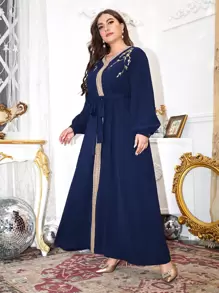 Al Najma Plus V-neck Embroidered Trim Self Belted Dress - Navy Blue - View 5