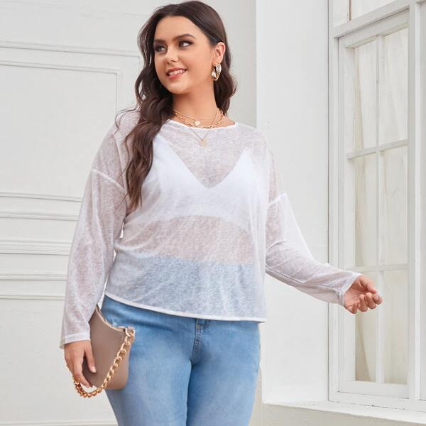 

Plus V Cut Backless Sheer Top Without Bra, White