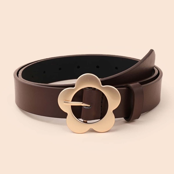 

Flower Buckle Belt With Hole Punch, Coffee brown