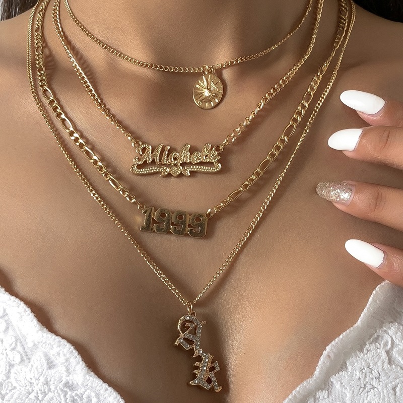 

4pcs Letter Decor Necklace, Gold